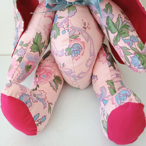 Vintage Handmade Pink Floral Fabric Bunny Rabbit Stuffed Animal Easter Decor 18" - Picture 4 of 8
